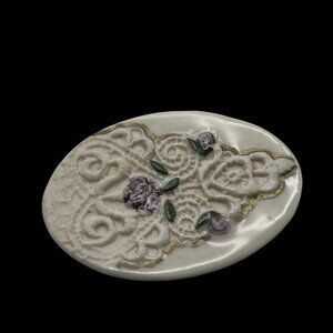 Stillwater Art Brooch Ceramic Purple Flowers Scroll Work Vintage Pin‎